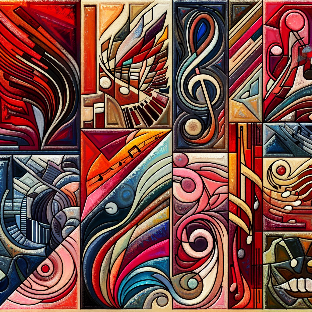 A collage showcasing different types of music genres represented through abstract art