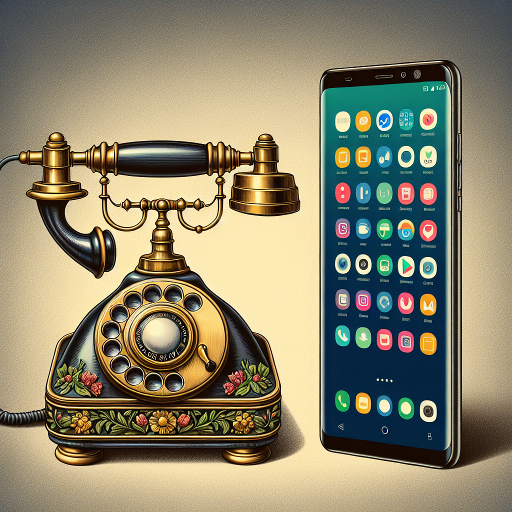 An image showing a vintage telephone and a modern touch-screen smartphone to depict the change in telephony over time.