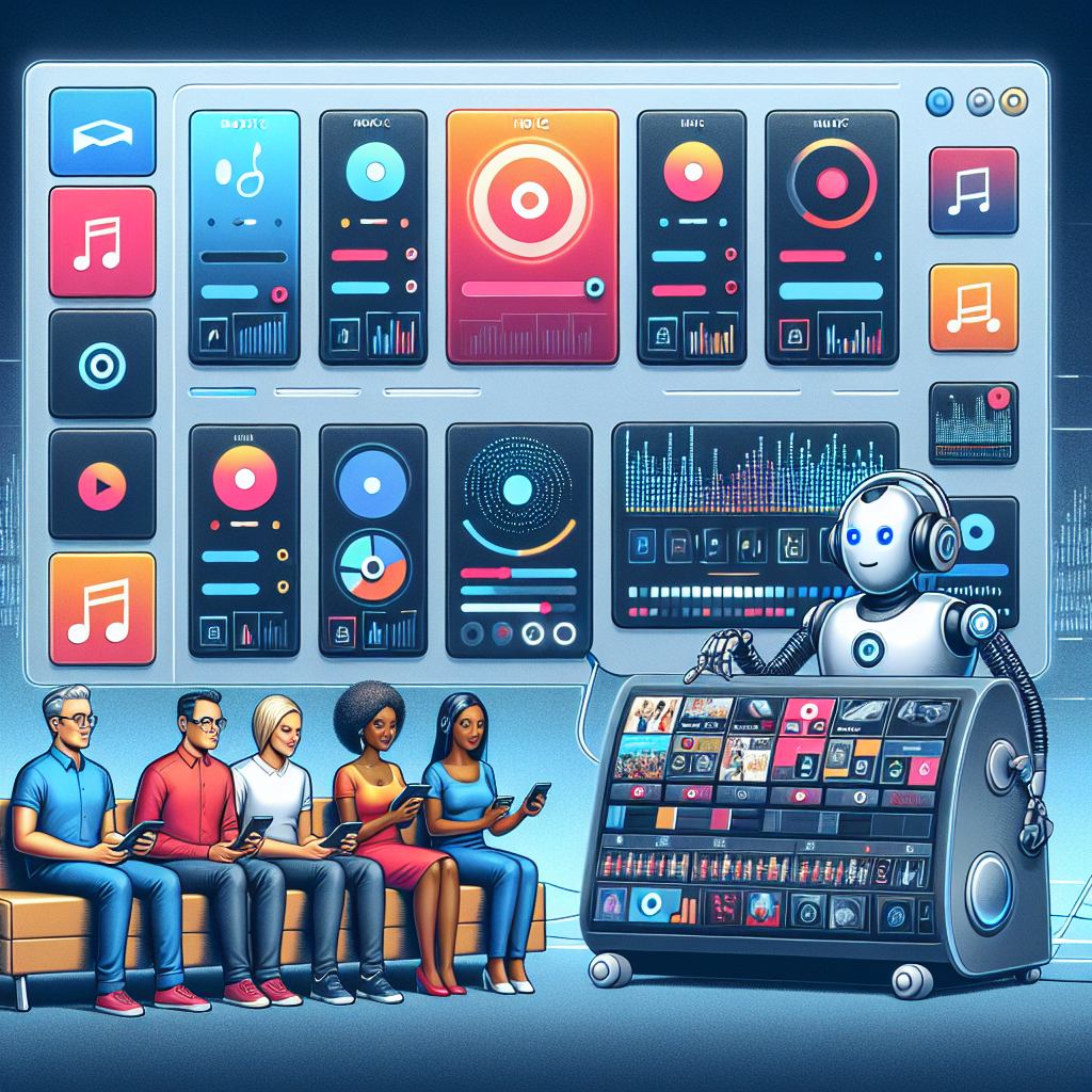 An illustration depicting AI-powered hold music selection service in action, integrated with a business's customer service platform