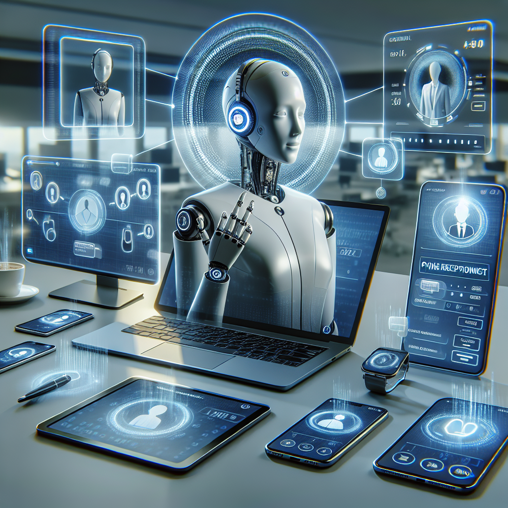 An illustration of an AI phone receptionist interacting with customers on multiple devices.