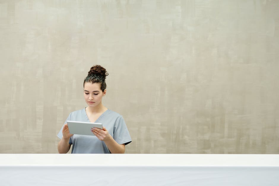 A vibrant office scene depicting a busy reception area with an AI receptionist engaging with customers and displaying data analytics on a screen.