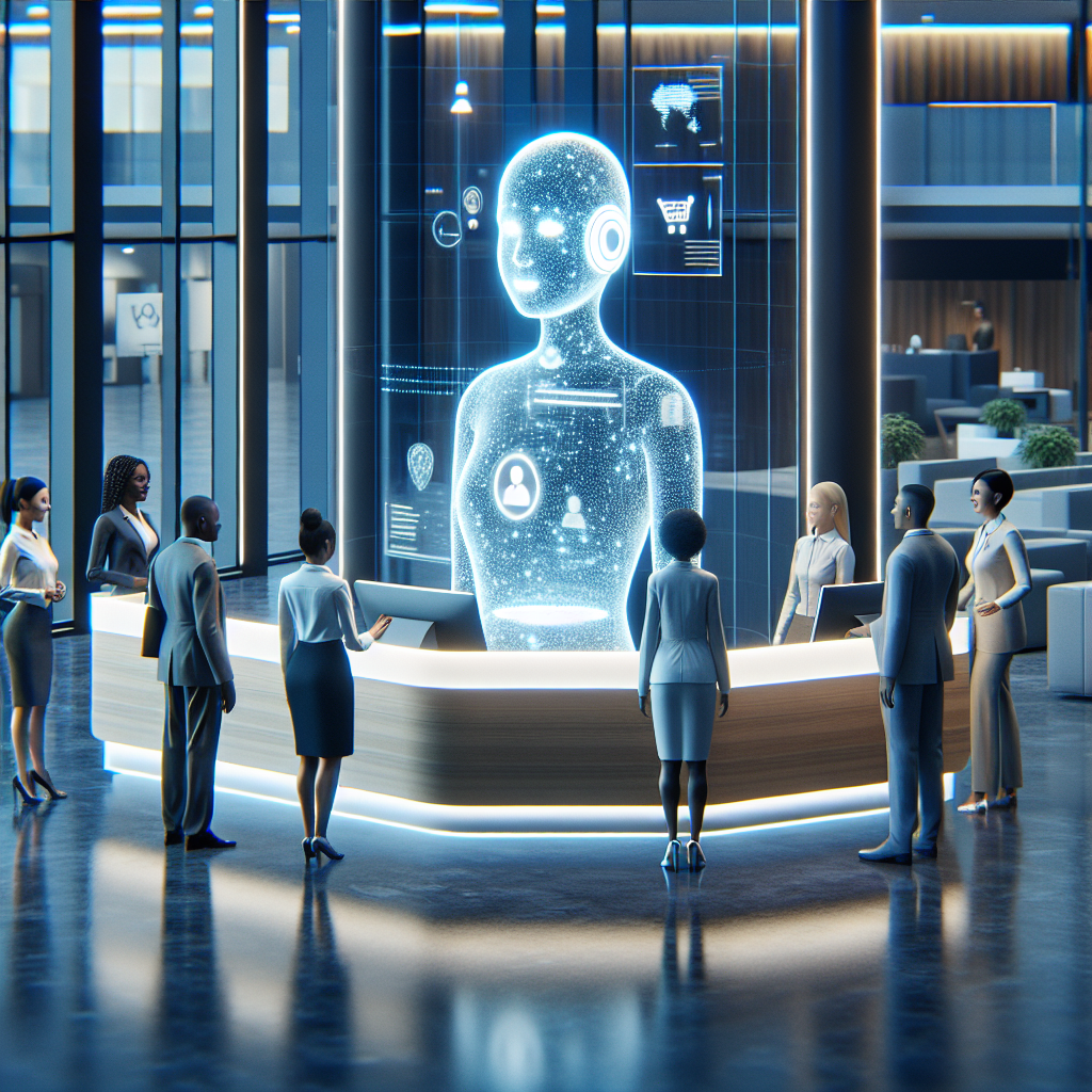 A modern office environment featuring an AI receptionist interacting with customers.
