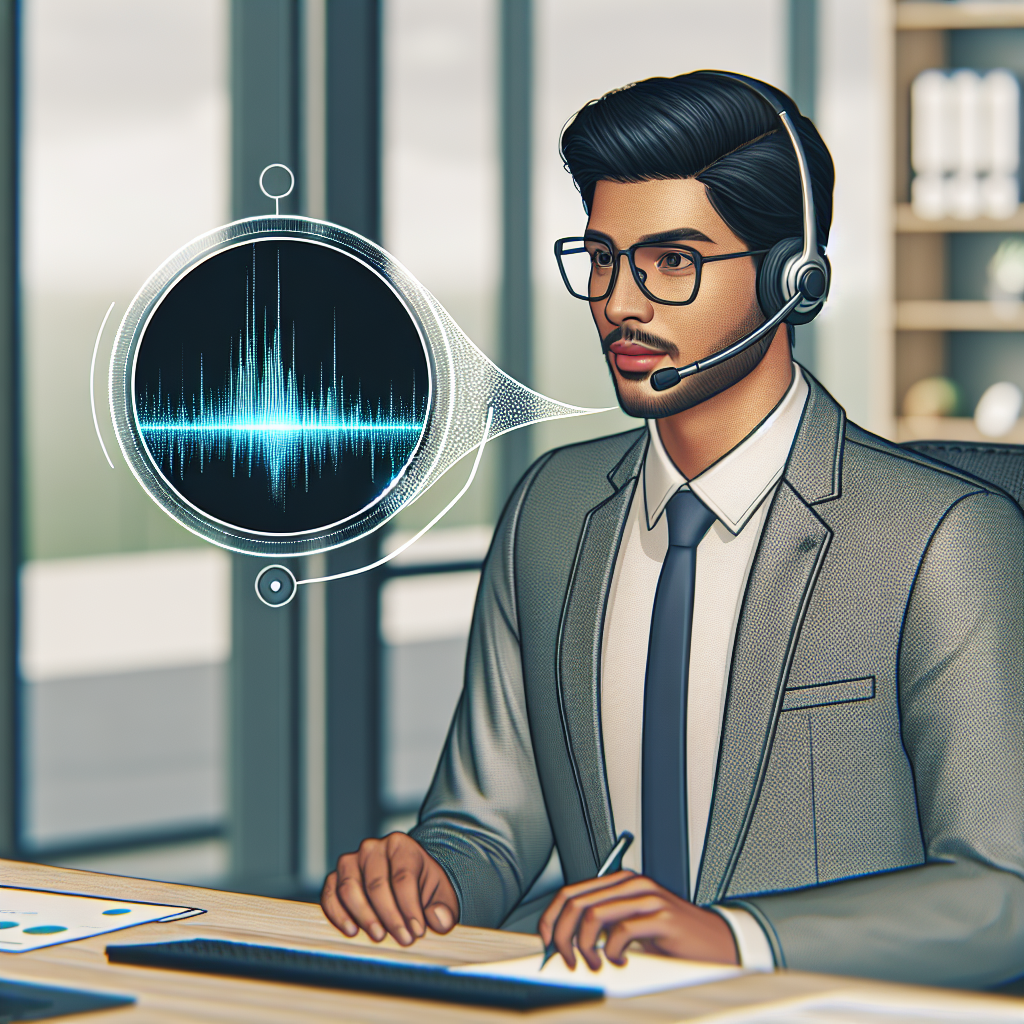 An illustration of a call center agent with an AI transcription bubble showing customer's voice being converted to text.