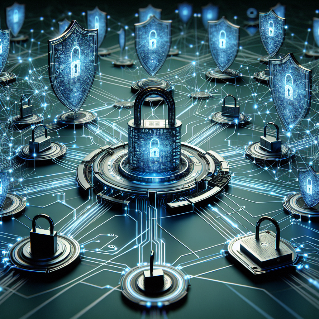 An image representing a secure AI network with locks and shields, illustrating data security