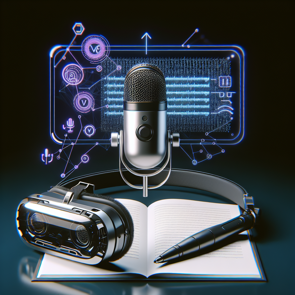 A graphical representation of an AI-powered transcription system with AR/VR headset, microphone, and digital transcription on a screen