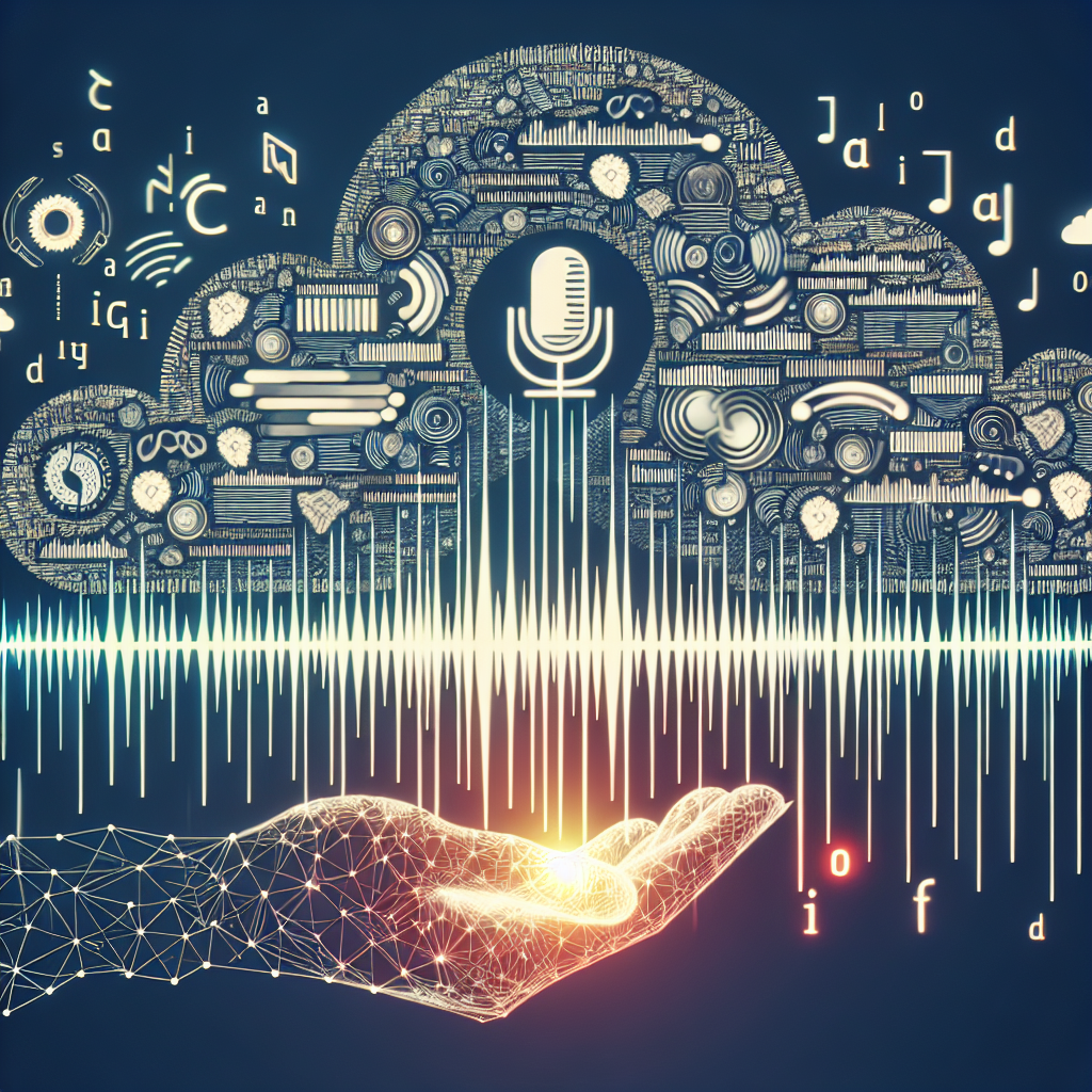 An illustration of a transcription process, showing audio data being converted into written text by a cloud-based AI system.