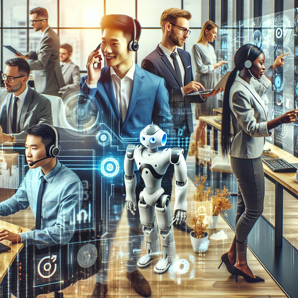 A vibrant office setting showcasing a small business team interacting with customers and using AI technology.