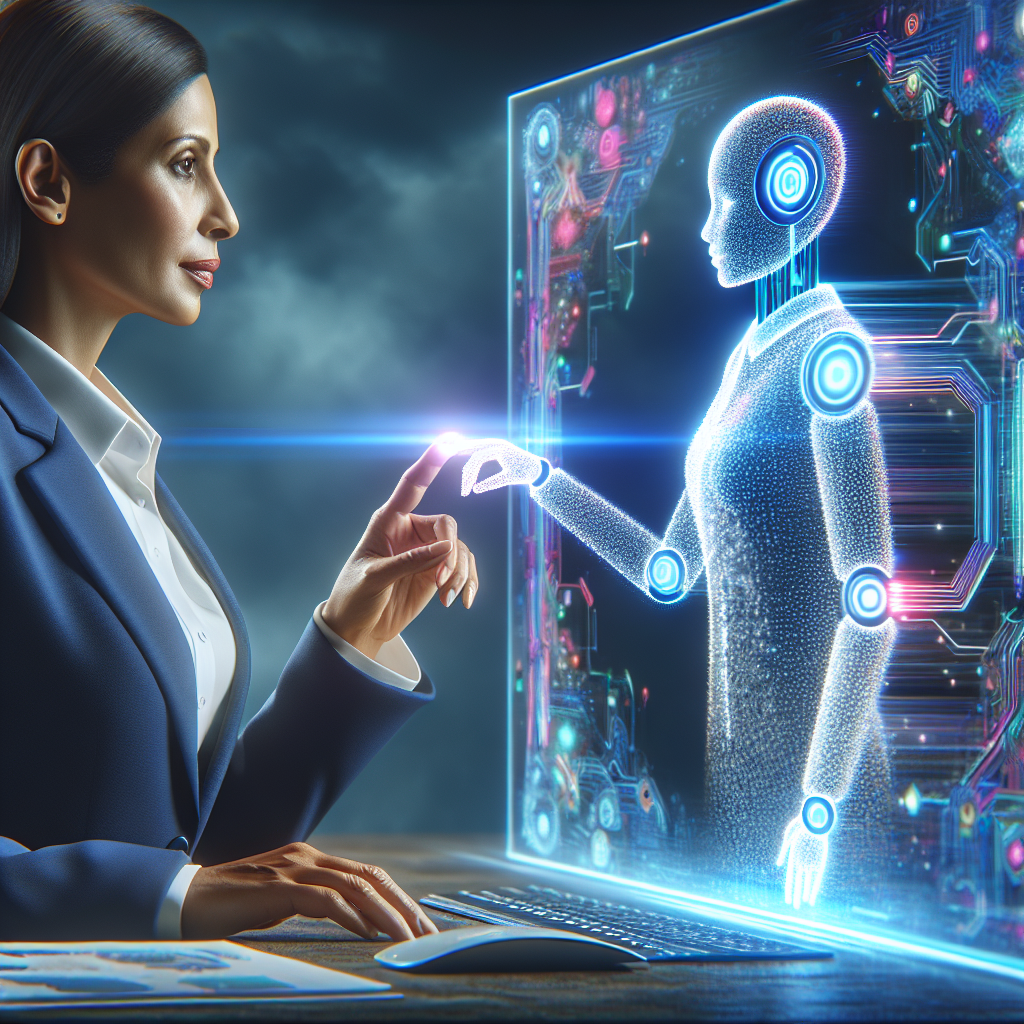 An image depicting a business owner interacting with an AI virtual receptionist interface.