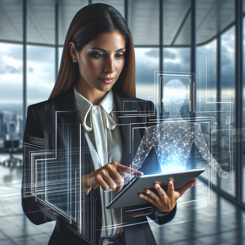 Image of a businesswoman interacting with an AI interface, symbolizing the concept of virtual receptionists.