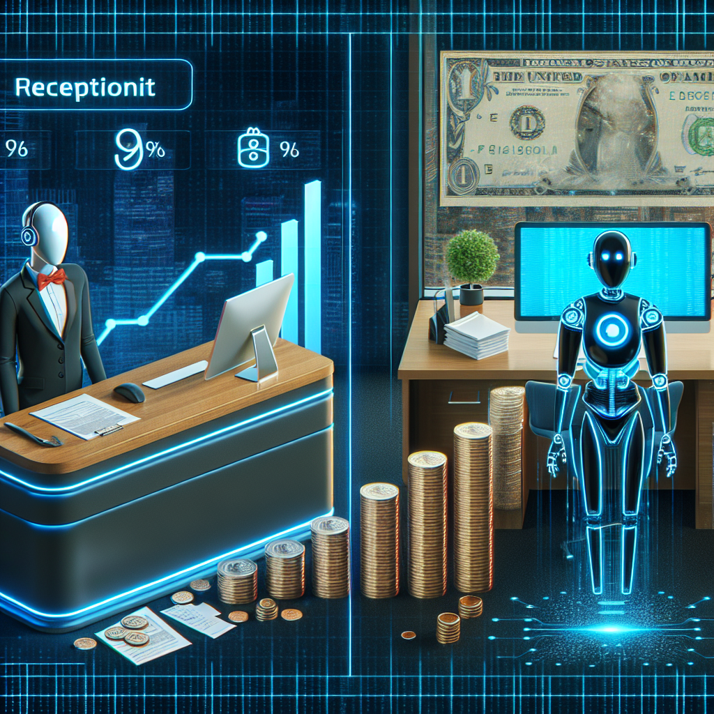Graphic showing the cost benefits and efficiency of AI receptionist solutions in businesses.