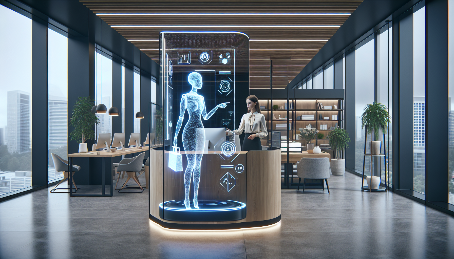 A modern office setting with an AI-powered receptionist working on an interactive panel