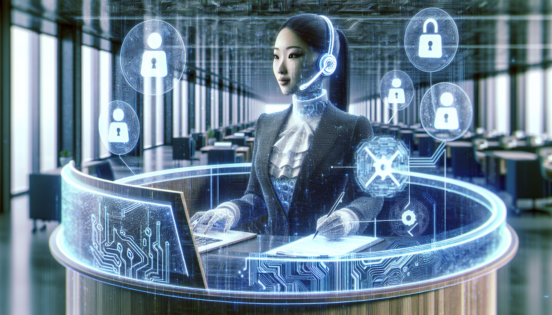 An image showing an AI receptionist with data privacy symbols around