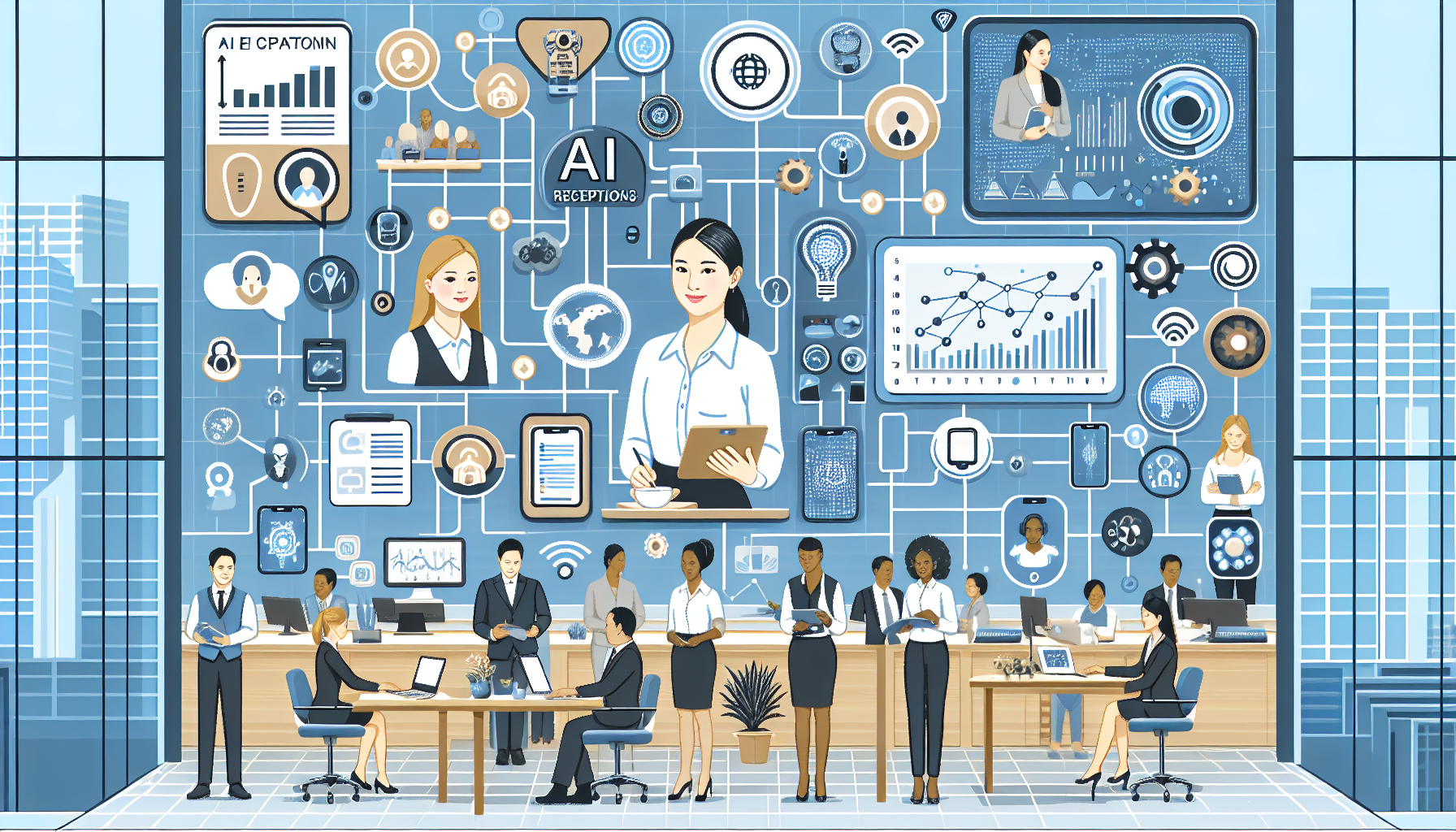 An infographic showcasing AI receptionists and IoT technology in business operations