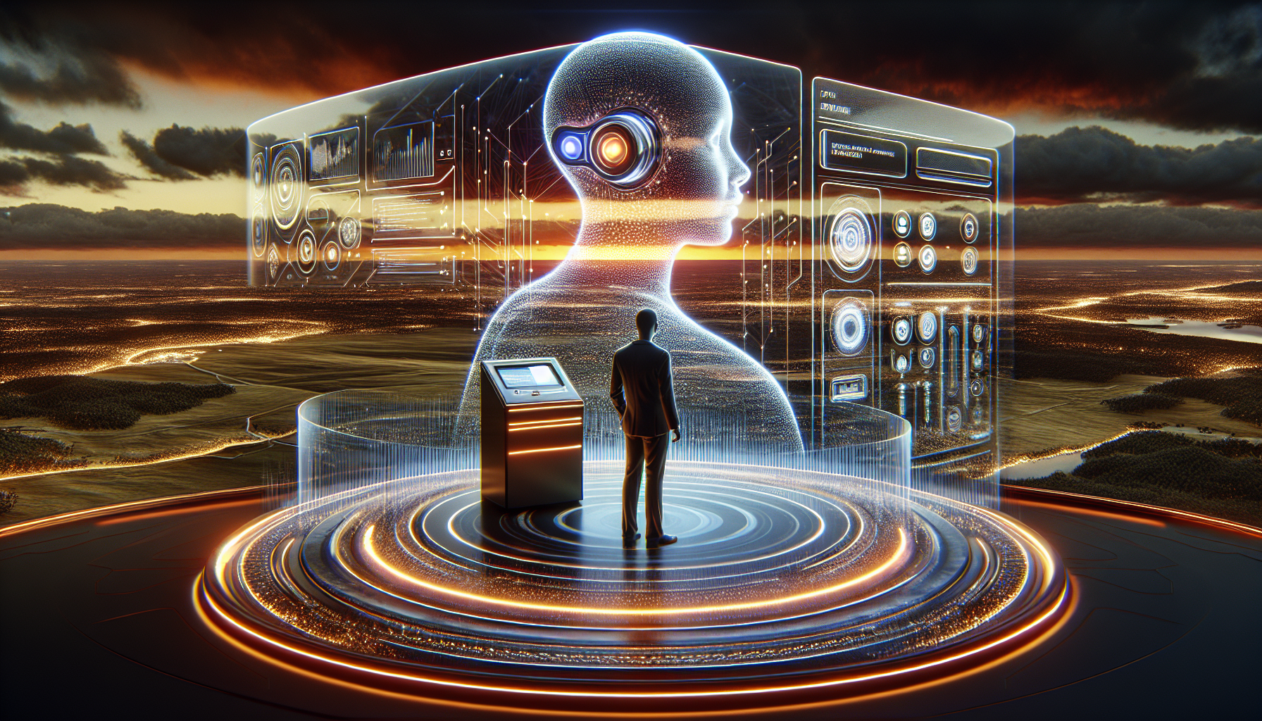 An image depicting a sleek AI receptionist on a futuristic, smart IoT enabled device