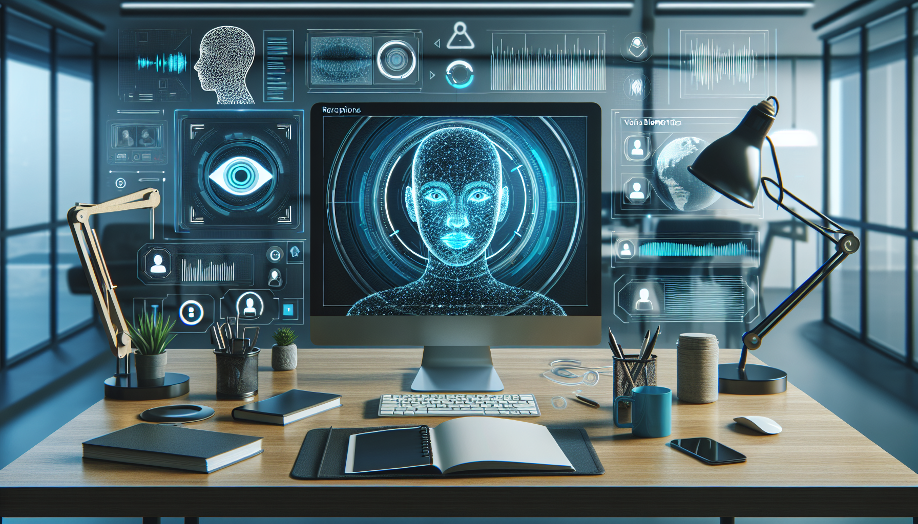 An AI receptionist system with voice biometrics features displayed.