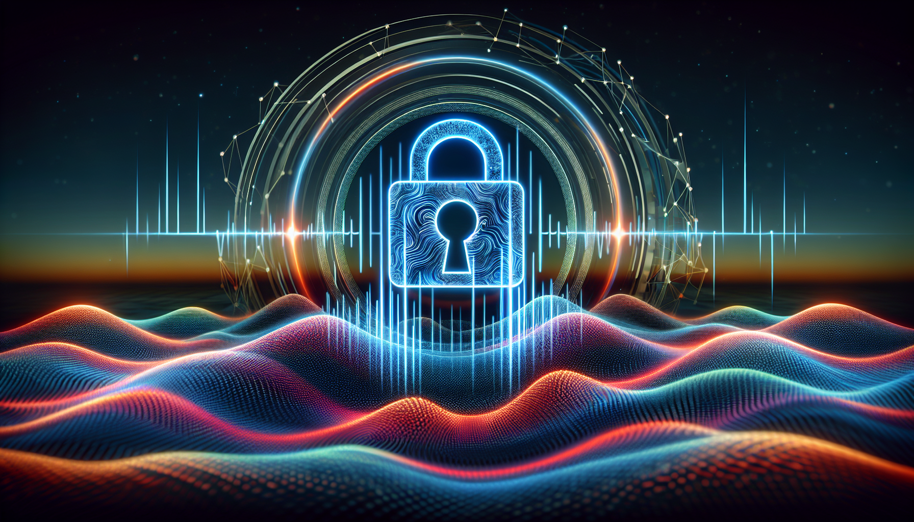 An illustration depicting a voice wave with a lock symbol, indicating the concept of voice biometrics security.