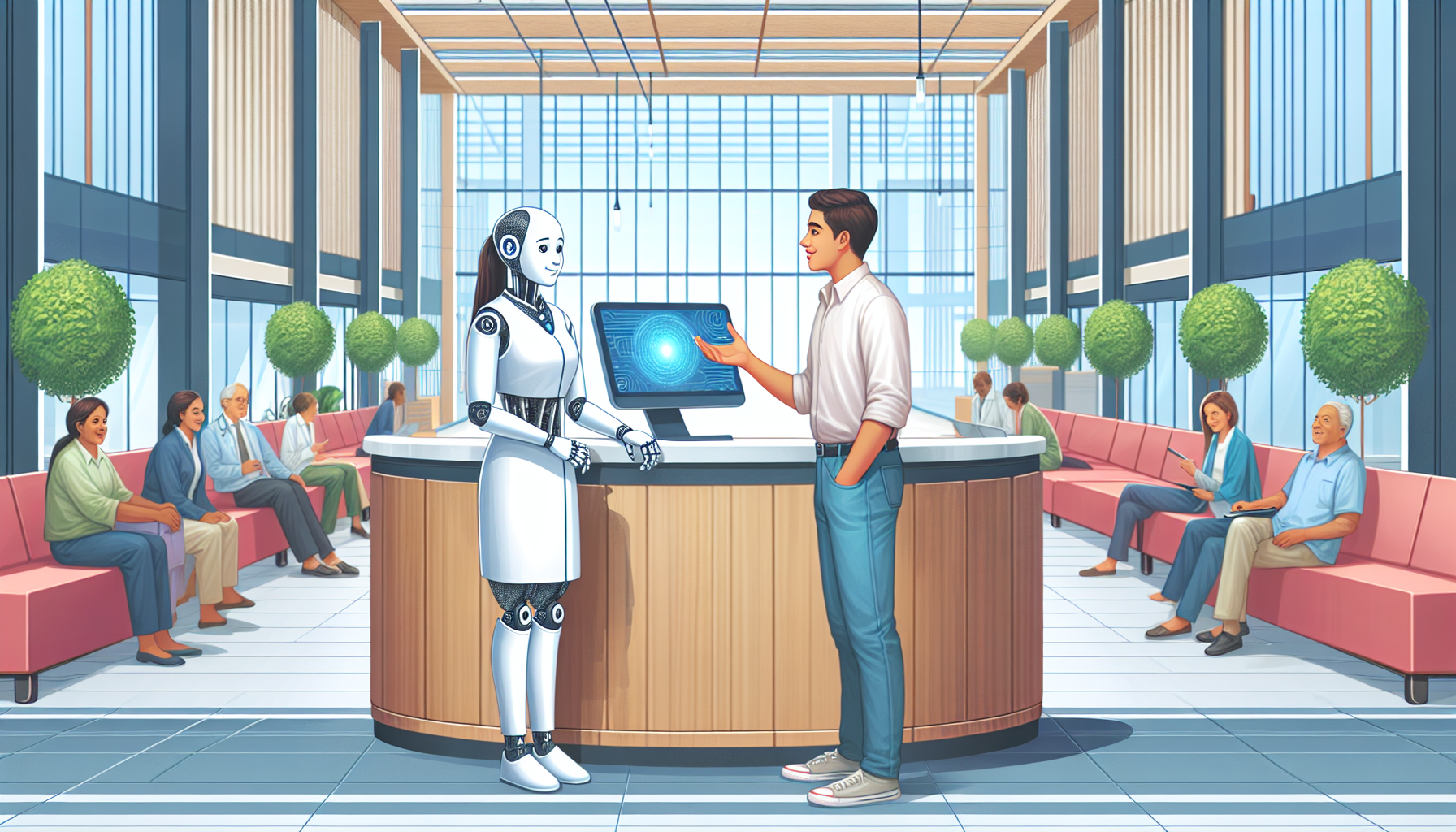 An AI receptionist converses with a patient at a modern hospital reception
