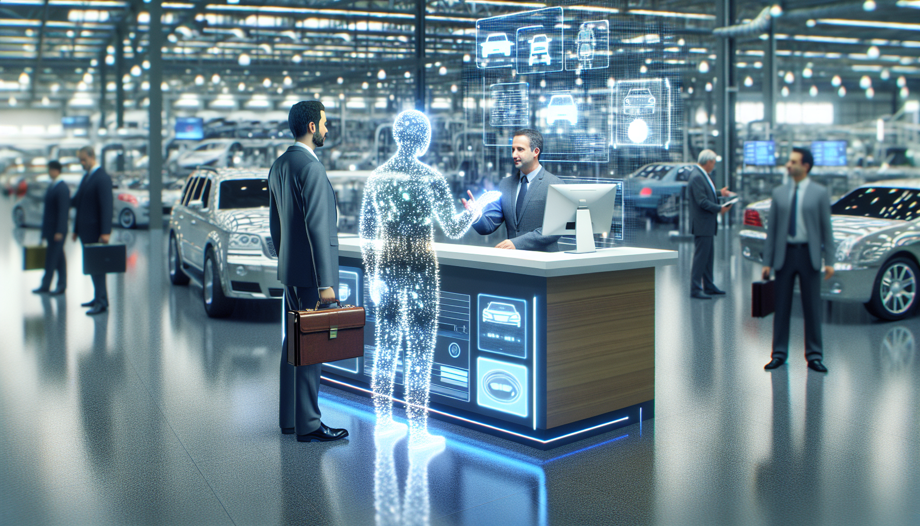 An image depicting a virtual AI receptionist interacting with a customer in the automotive industry