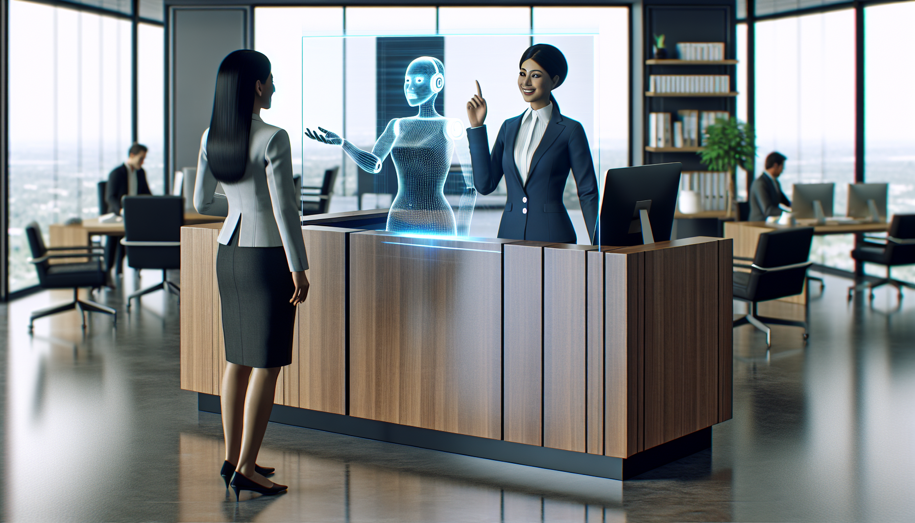 A front desk with an AI receptionist assisting a guest