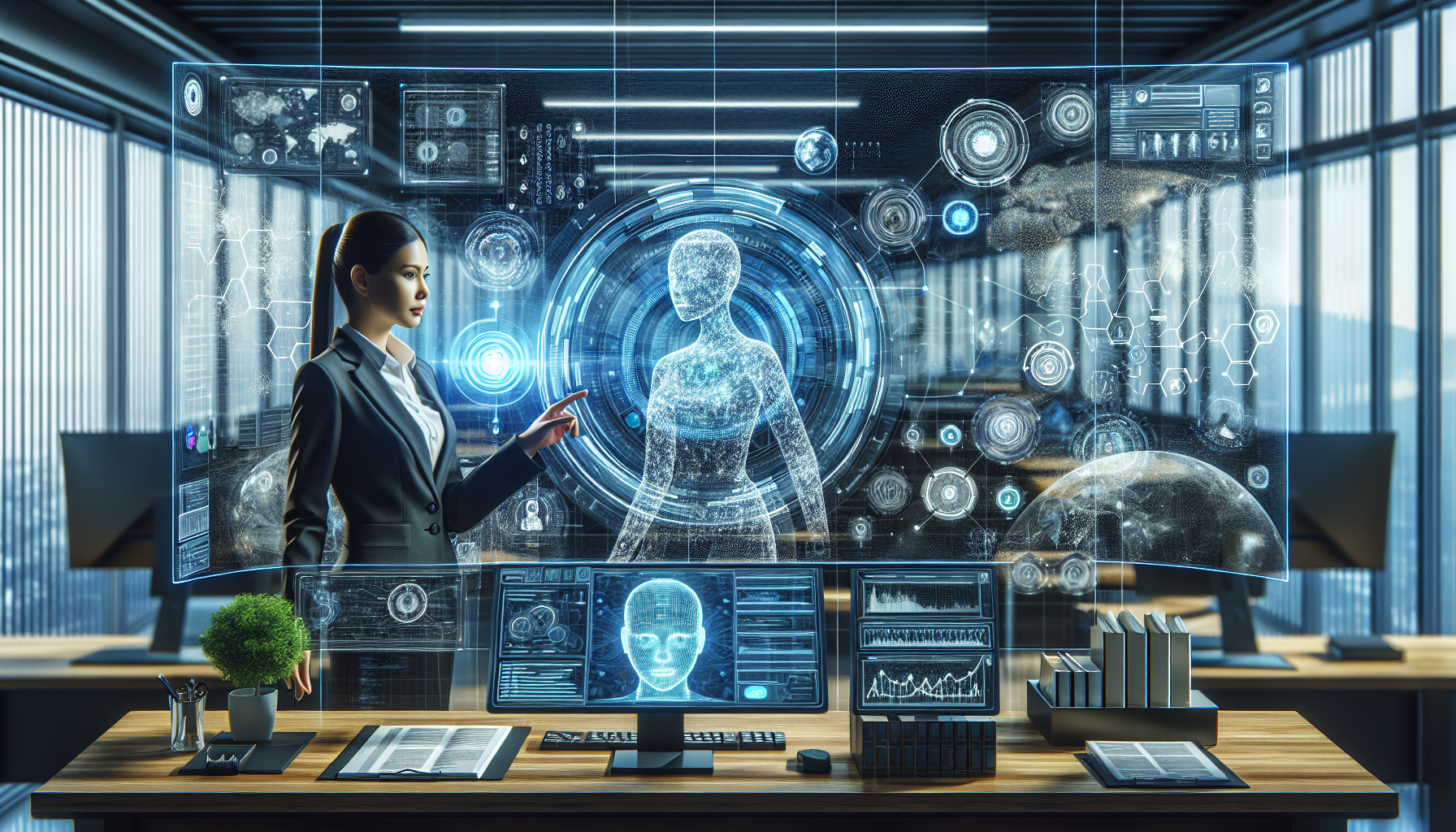 A graphic illustration of an AI receptionist interacting with a computer database