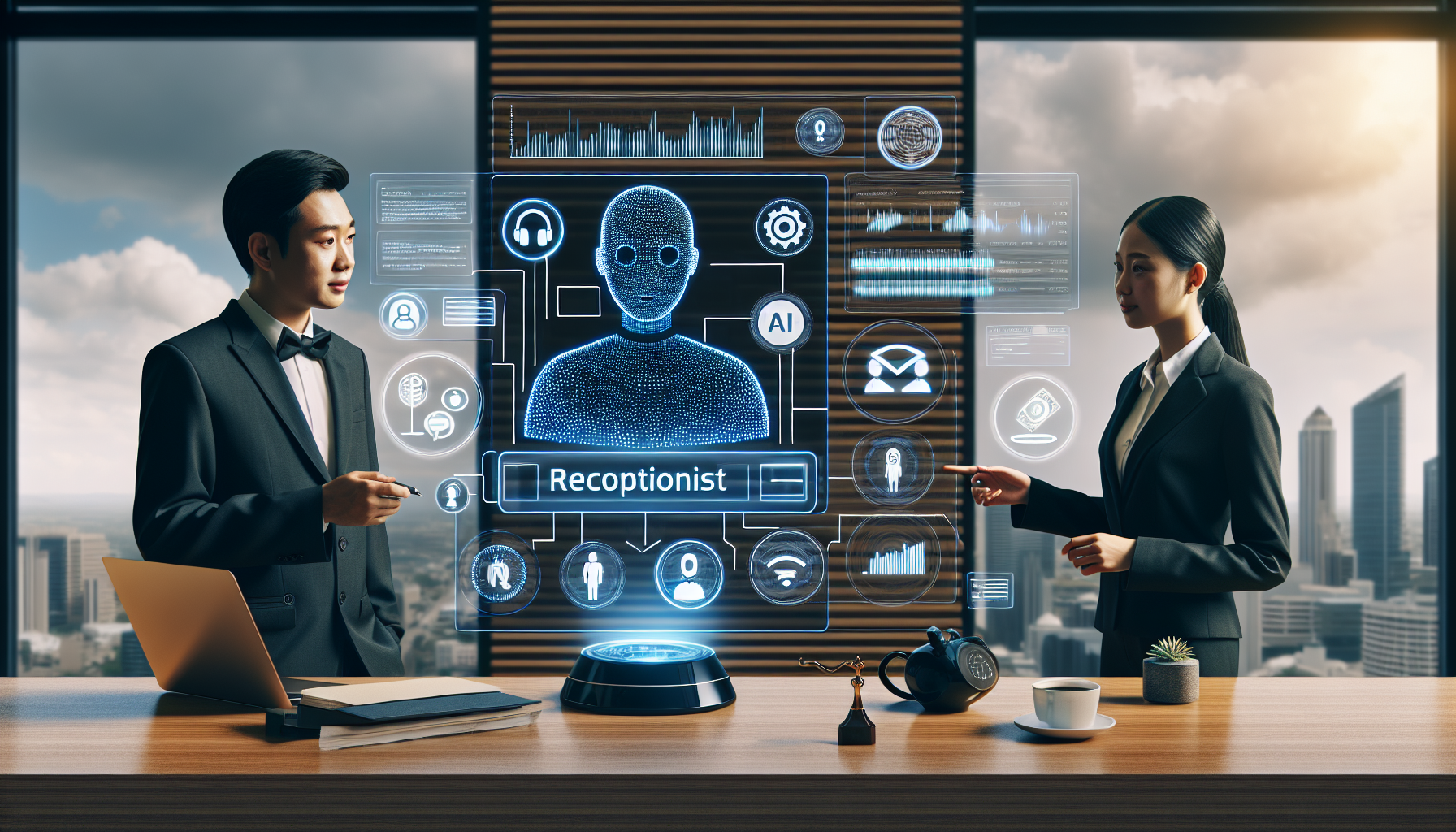 An image showing an AI receptionist system in action within a law firm. It may feature a digital interface, and illustrate a human interacting with it