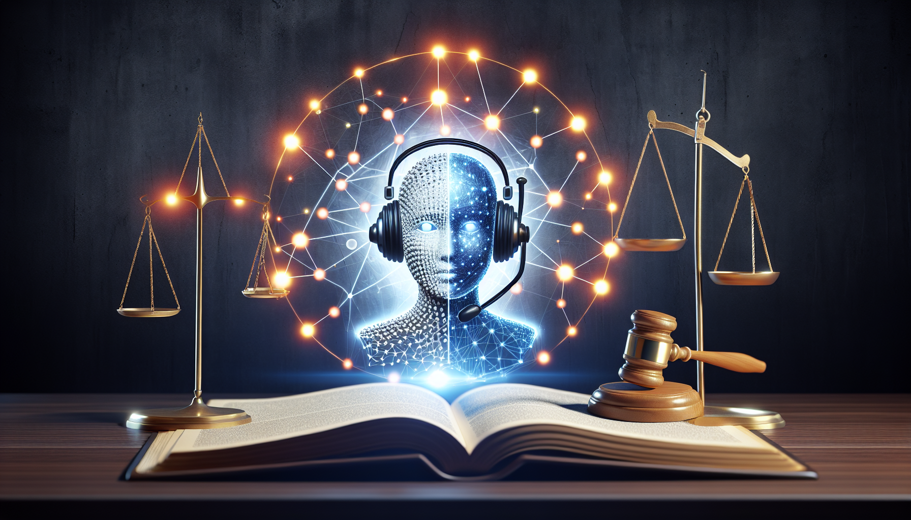 An AI receptionist icon or a fusion of court and AI symbols to show the integration of AI in the legal sector.