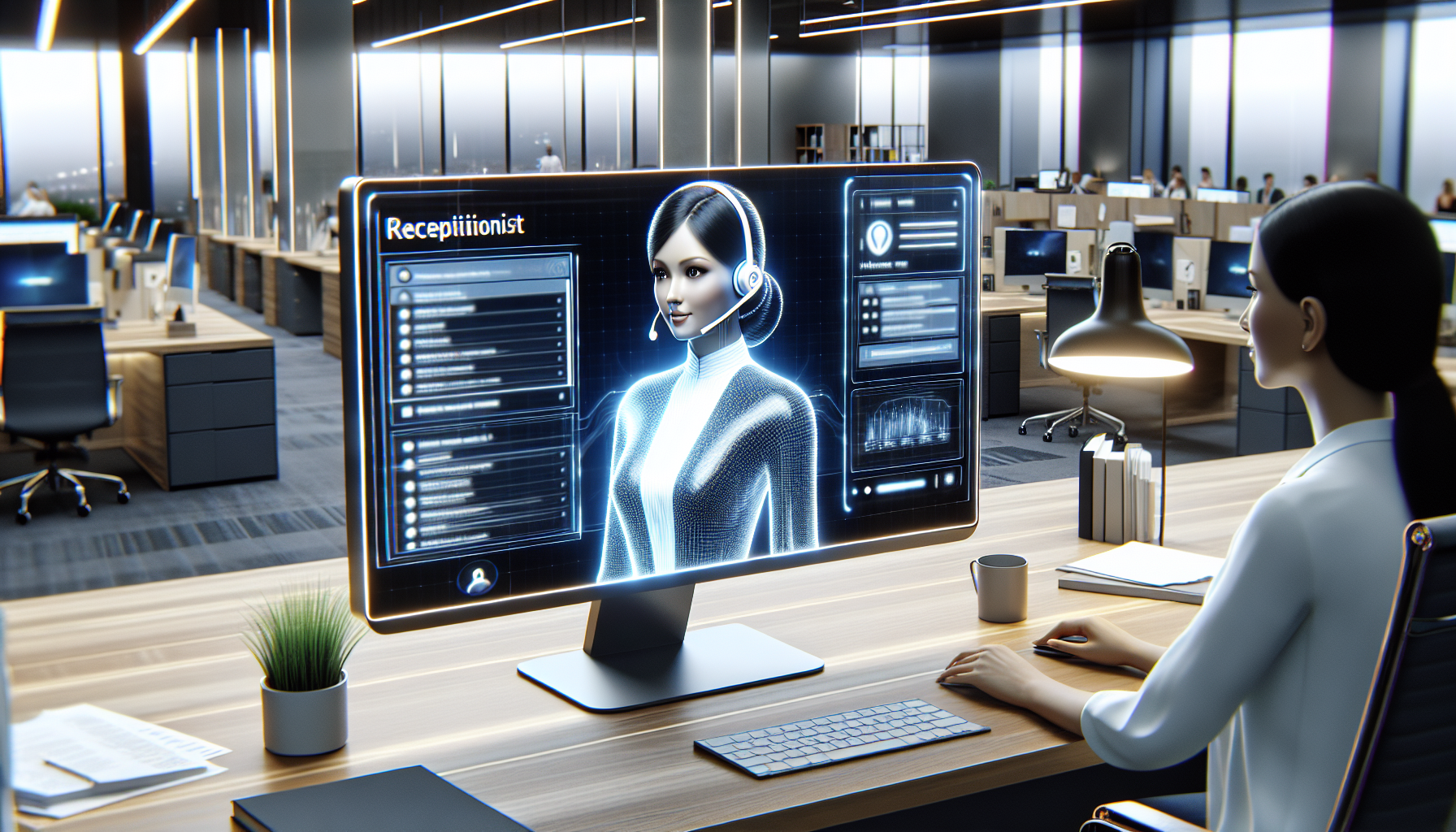 A picture showing an AI receptionist on a computer screen, answering inquiries