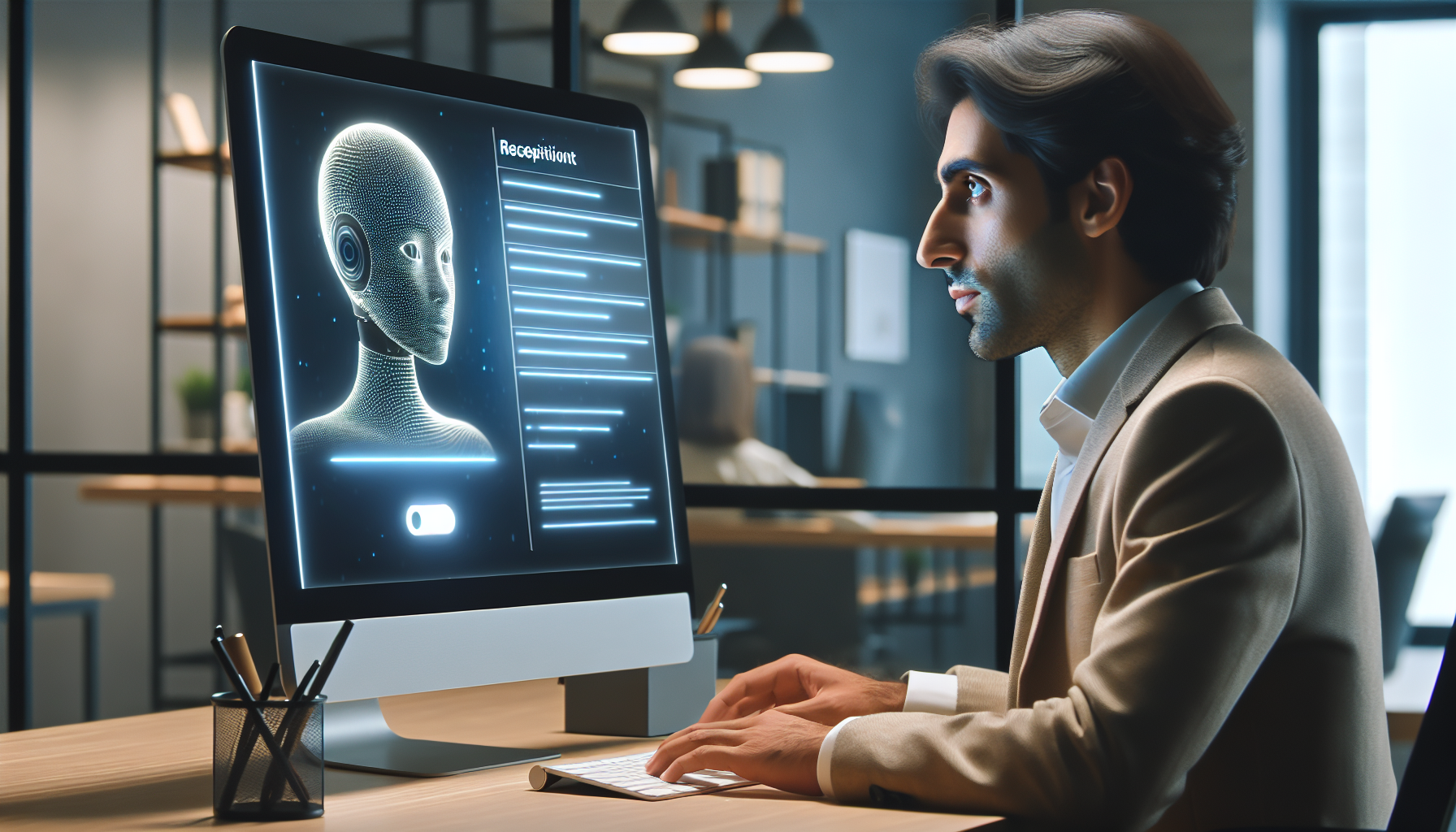 An image depicting a nonprofit manager interacting with an AI receptionist system on a computer
