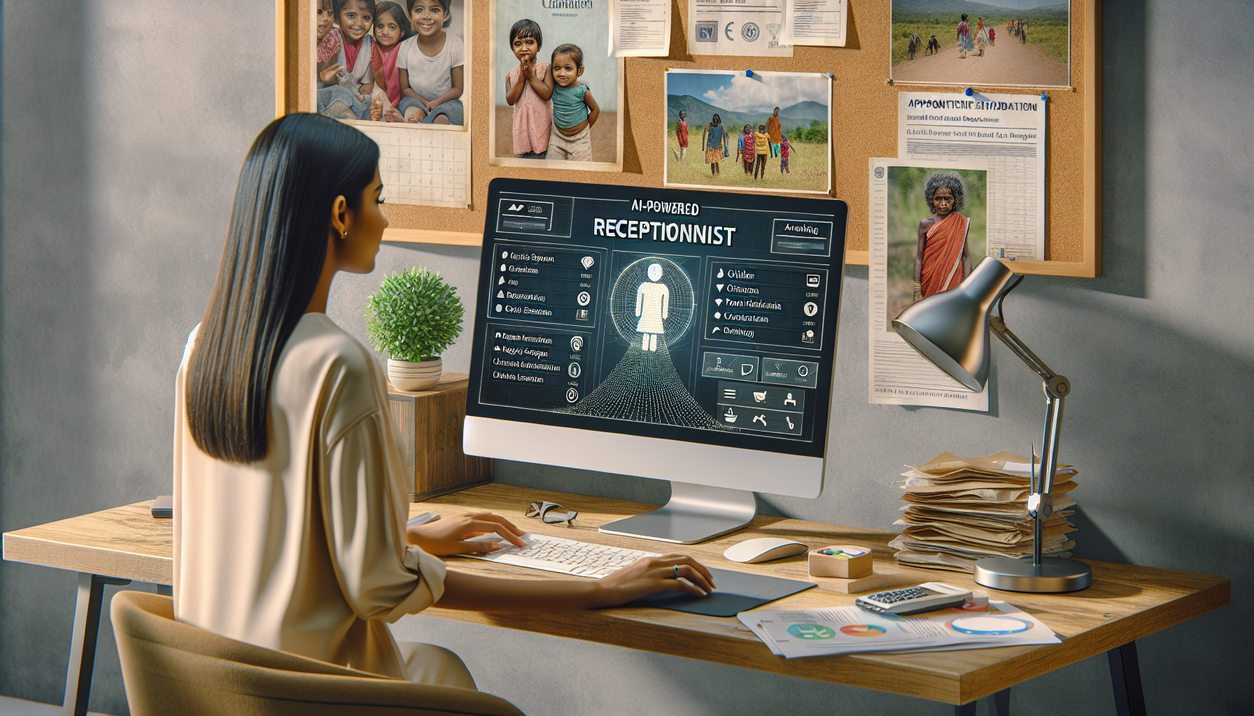An image showing an AI-powered receptionist system being used on a desktop by a charity organization.