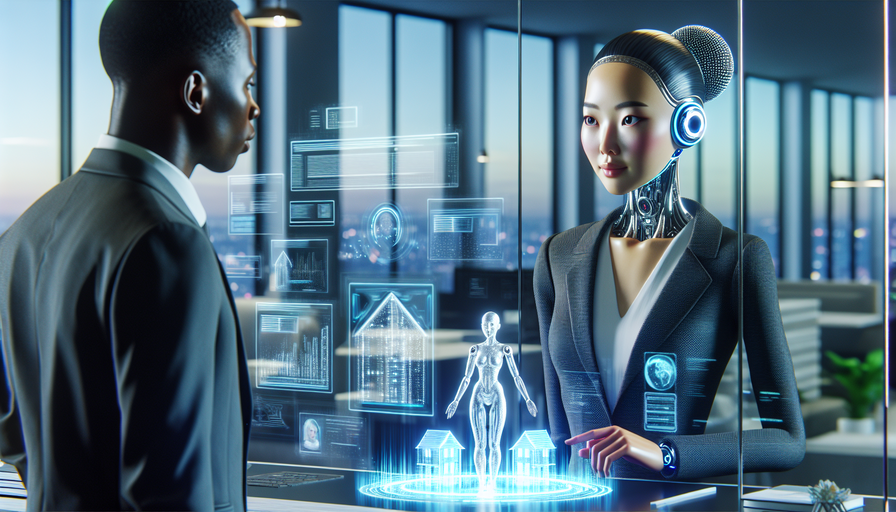 An illustration depicting an AI receptionist interacting with a client while accessing a real estate database for information