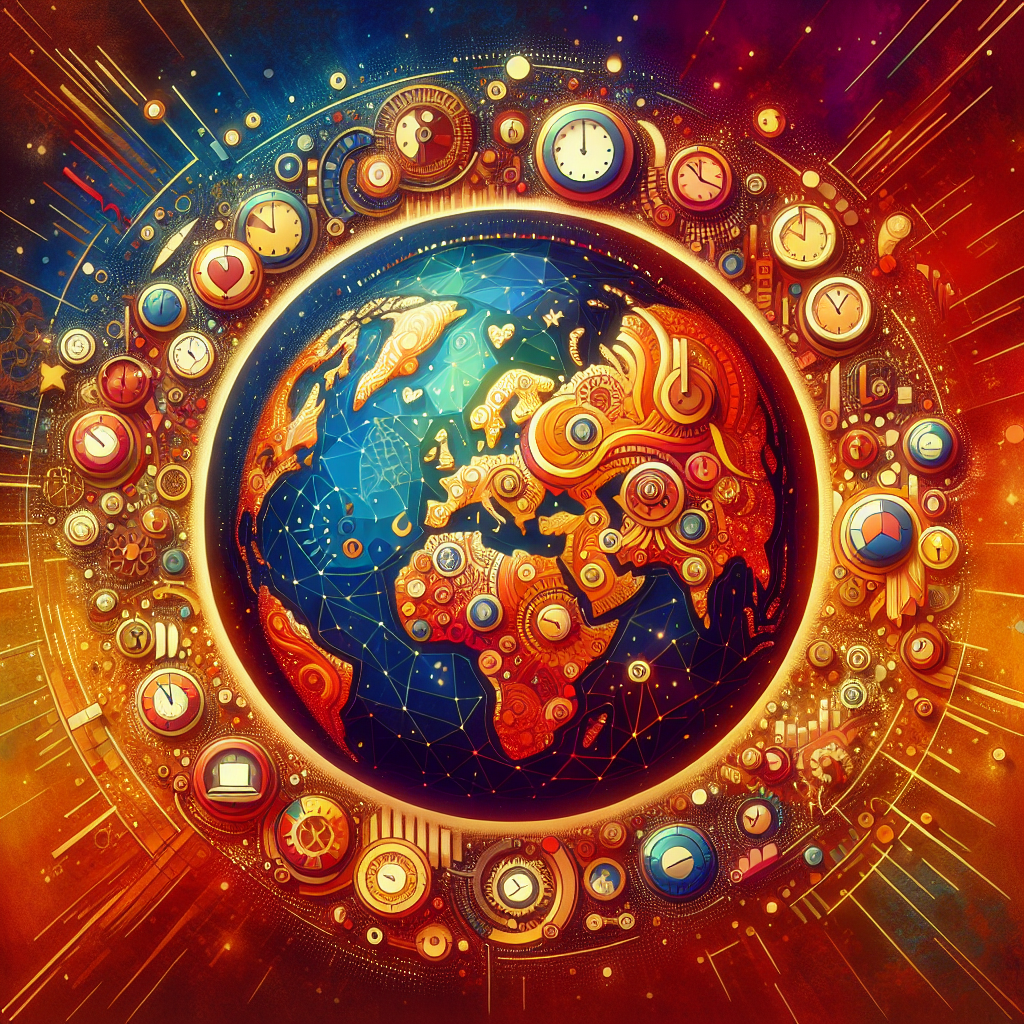 A vibrant graphic illustrating a globe with different time zones and clock icons, symbolizing global customer engagement.