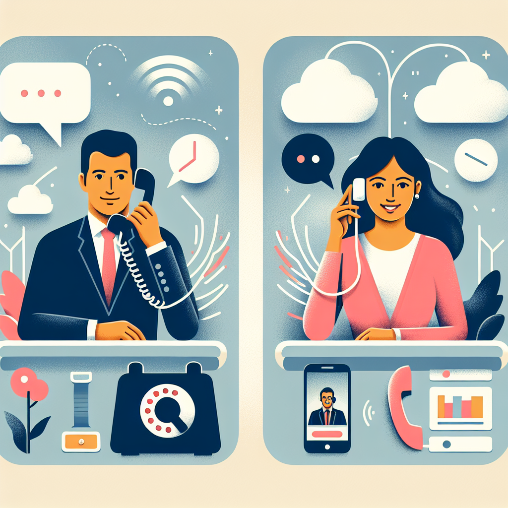 An illustration showing a virtual phone receptionist in action, with a business representative and a satisfied client communicating via phone.