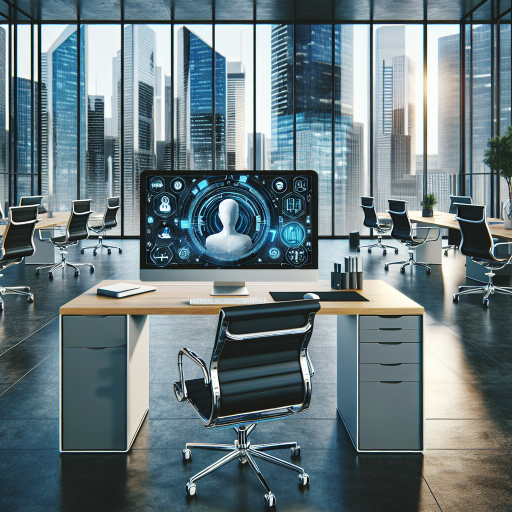 An image showing a modern office with a virtual receptionist interface on a computer screen.