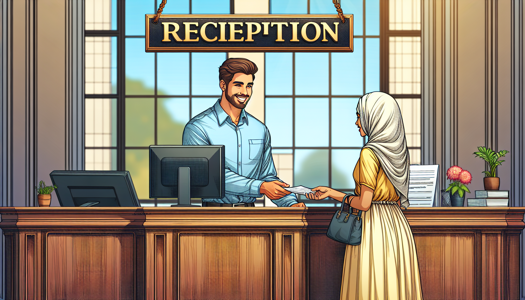 A receptionist greeting a visitor at a front desk