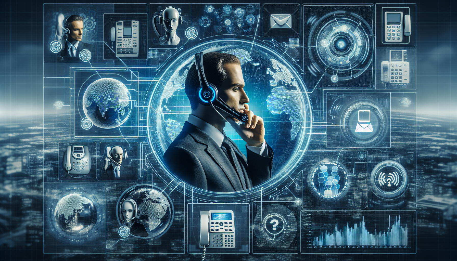 An infographic showing various business communication tools including AI receptionist, VOIP functionalities, and unlimited parallel calls.