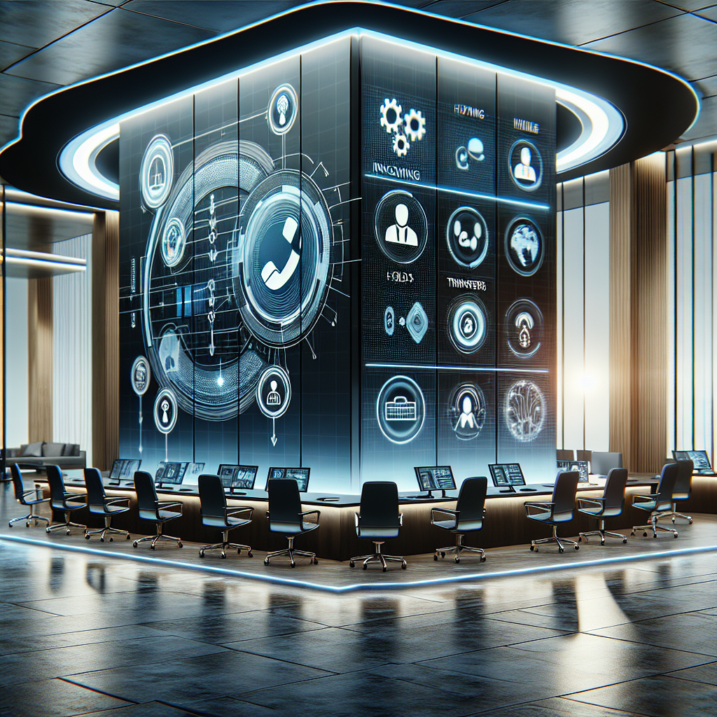 A sleek, modern office environment with a digital interface displaying an auto attendant system in action, showing visuals of call management.