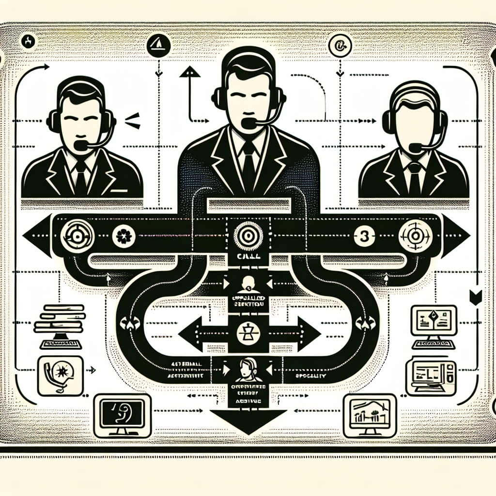 A graphic visualizing the process of automated call escalation, showing a call being escalated from a general customer service agent to a higher-level manager or specialized agent depending on the complexity of the issue.