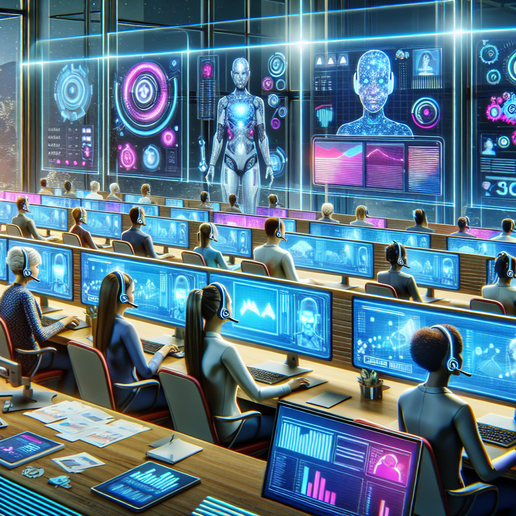 A graphic representing an AI-overseen call center, with automated checks and balances ensuring call quality