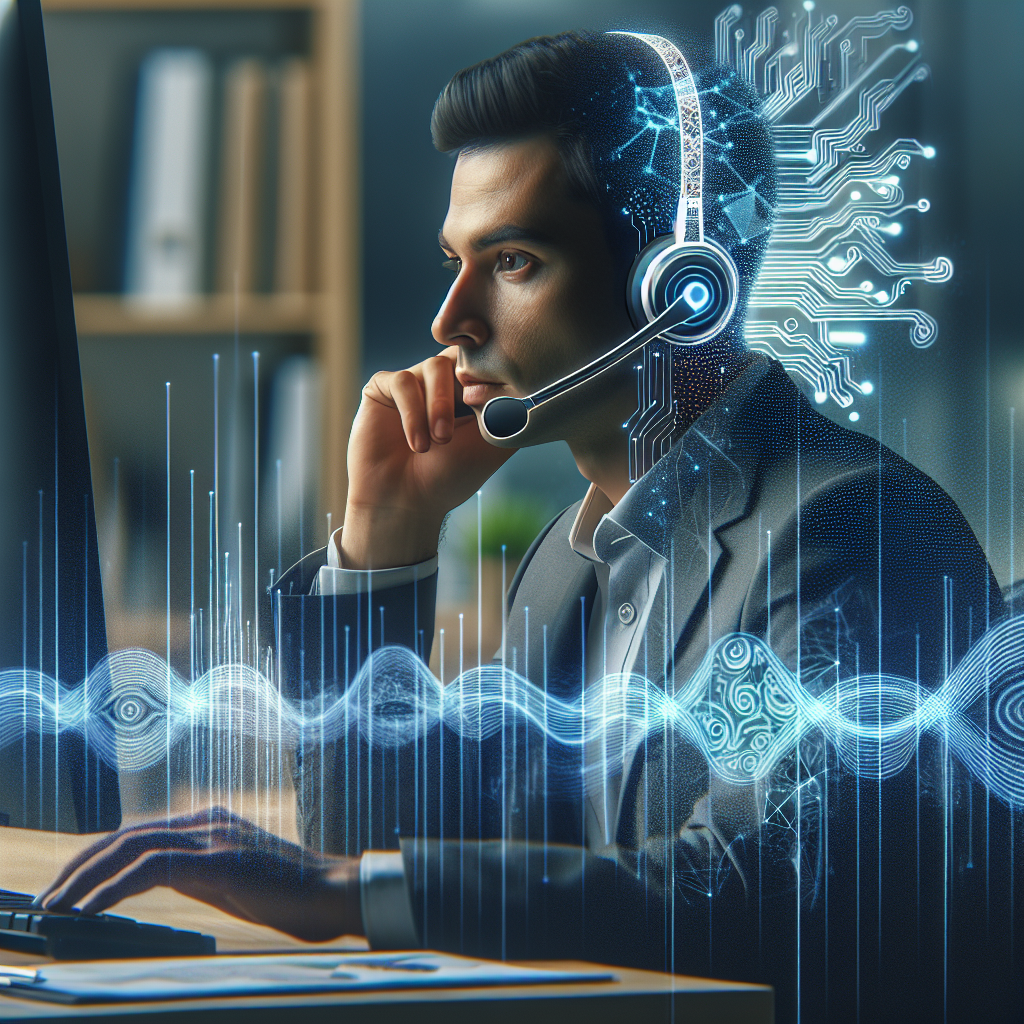 An image showing a customer service agent on a call with waves or signals representing AI analytics