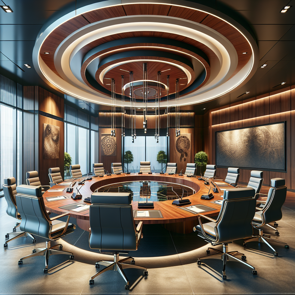A corporate boardroom with a large, round table and high-tech audiovisual equipment.