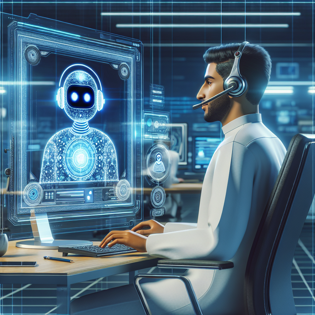 Illustration of a modern call center equipped with AI technology. Operator in headset in front of computer, chatbot icon visible on screen.