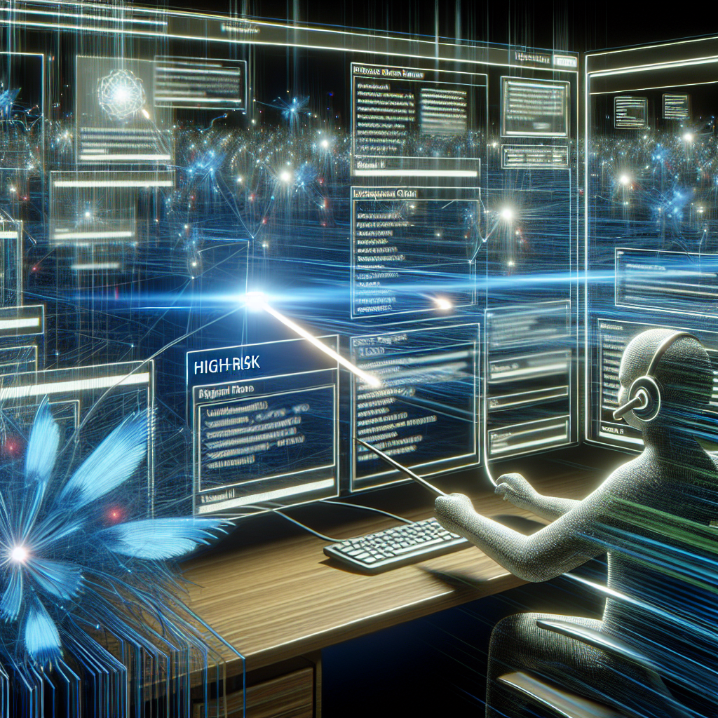A graphic showing an AI system analyzing a customer service line with calls labeled 'high-risk' and 'low-risk'