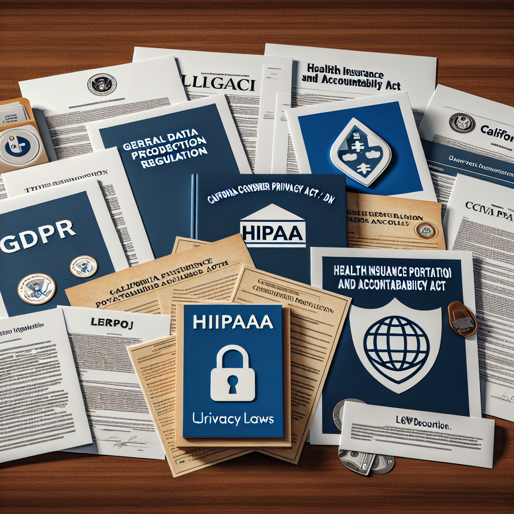 An image showing various legal documents related to GDPR, HIPAA, and CCPA together.