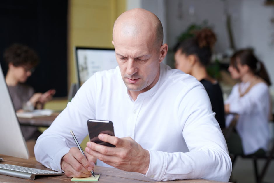 A creative image of an office environment where a seamless blend of technology and human interaction takes place, showcasing an AI Phone Receptionist in action.
