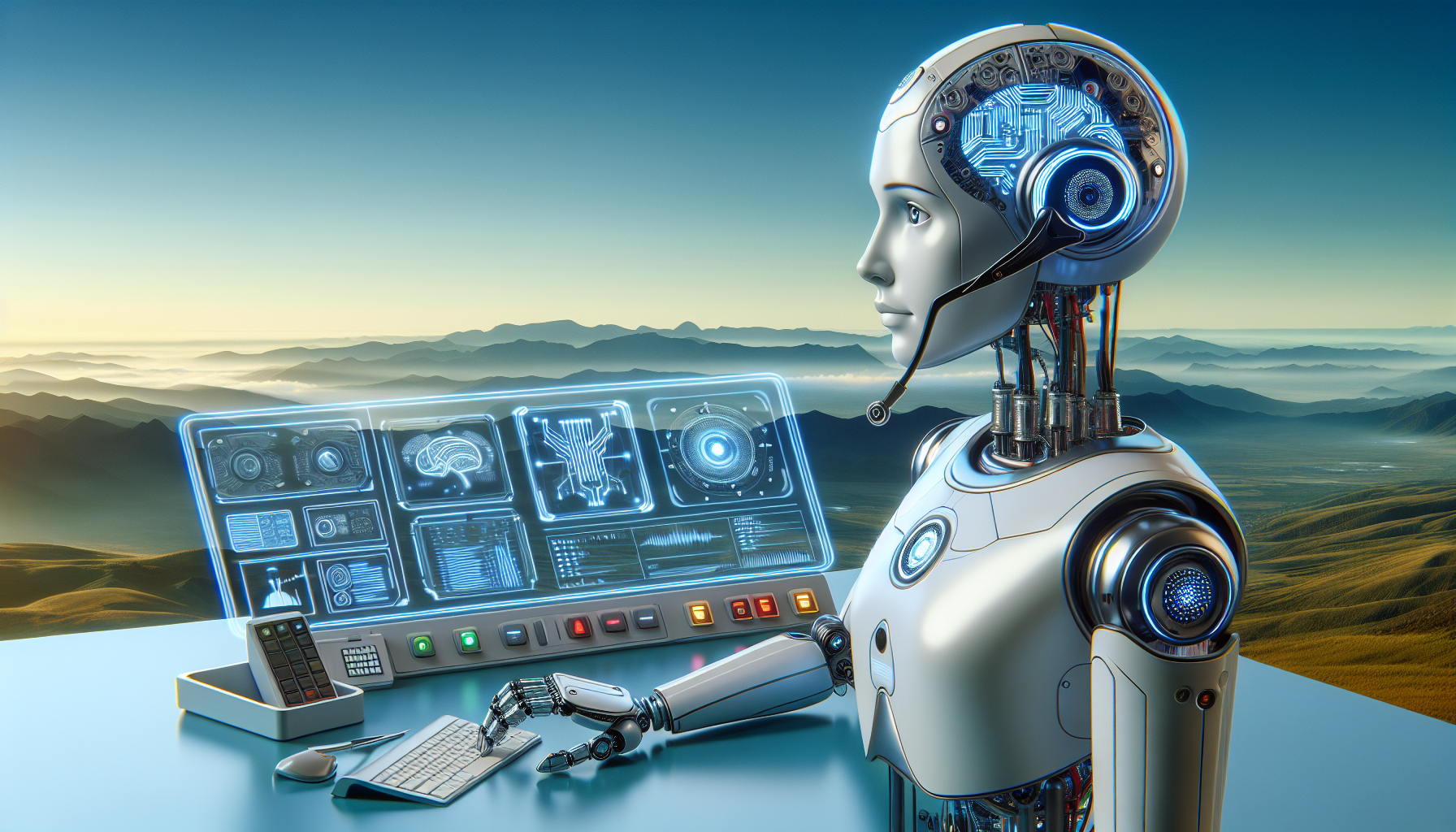 An AI robot with a headset representing an AI receptionist