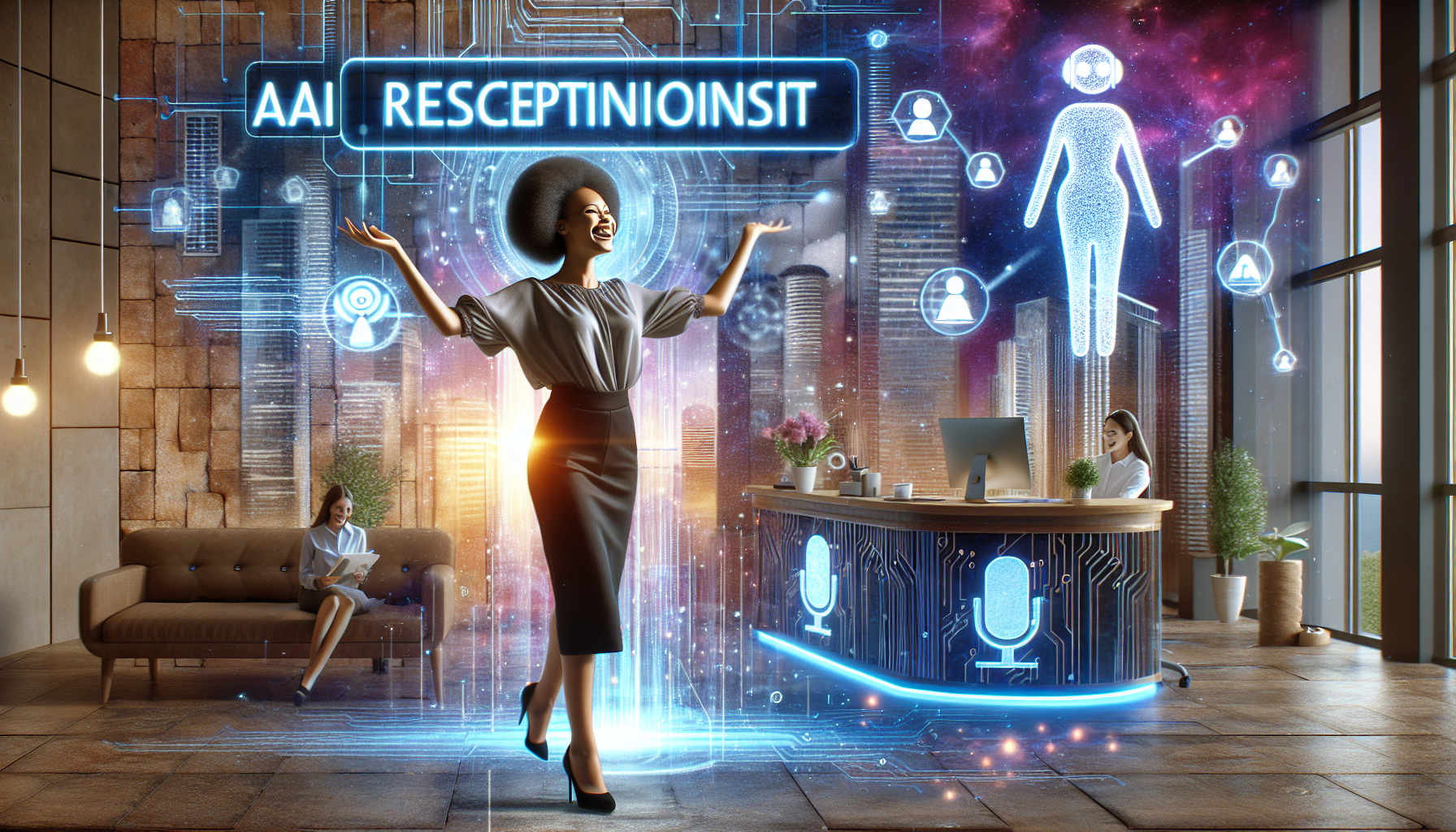 An illustration depicting a woman entrepreneur launching her own AI receptionist service brand