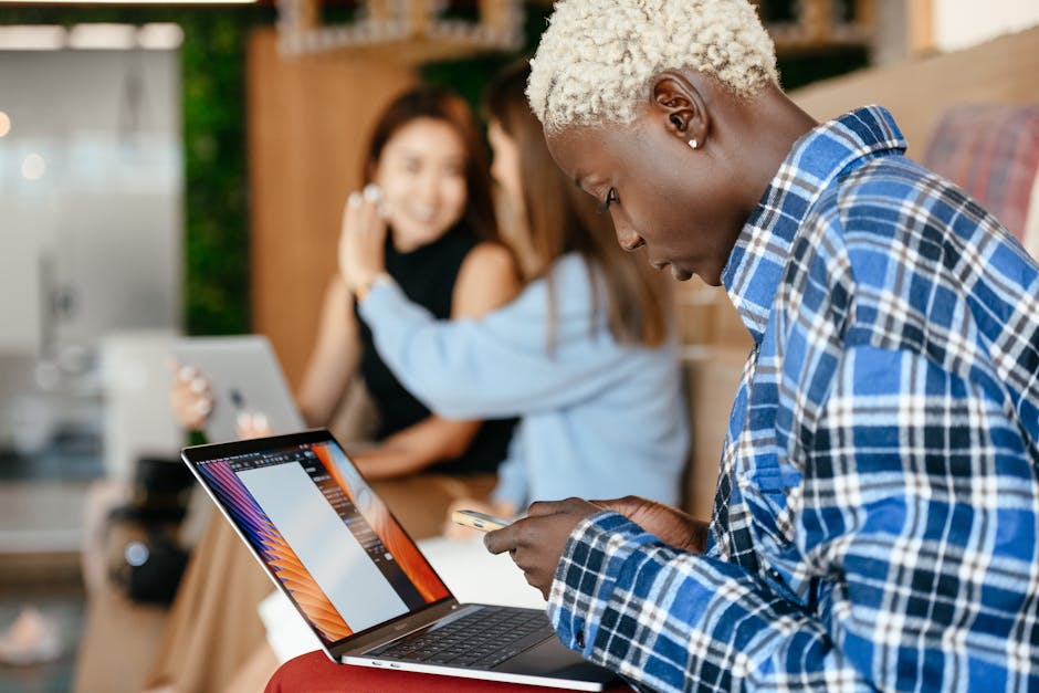 A vibrant office scene showcasing diverse professionals using business phones and wireless headsets in dynamic collaboration.