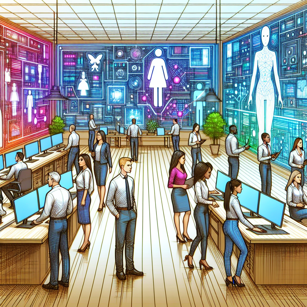 A futuristic office setting with diverse employees engaging with AI-driven tools, showcasing vibrant screens and high-tech VoIP systems.