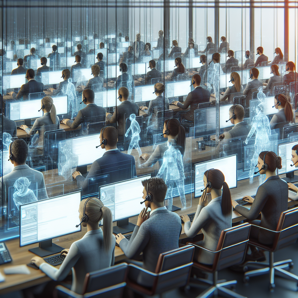 A dynamic call center environment showcasing agents in action, surrounded by digital screens displaying customer data, illustrating seamless integration.
