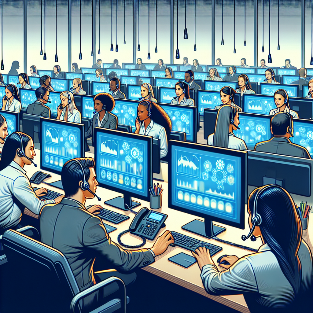 A vibrant call center with agents engaged in calls while accessing a CRM dashboard, showcasing seamless integration.